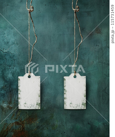2 white blank rectangular cardboard tags hanging on strings. Isolated on plain & textured background.  2 white blank rectangular cardboard tags hanging on strings. Isolated on plain & textured background.  115731459