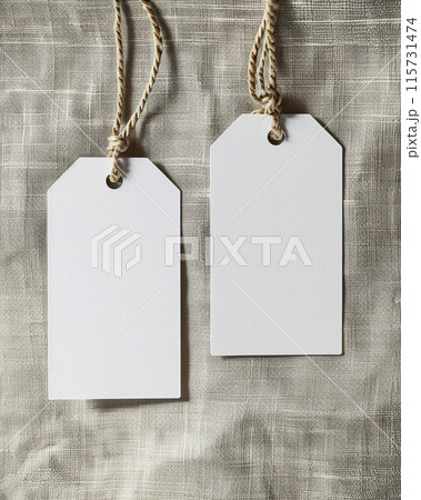 2 white blank rectangular cardboard tags hanging on strings. Isolated on plain & textured background.  115731474