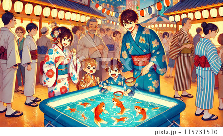 夏祭りで金魚すくいを楽しむ 115731510