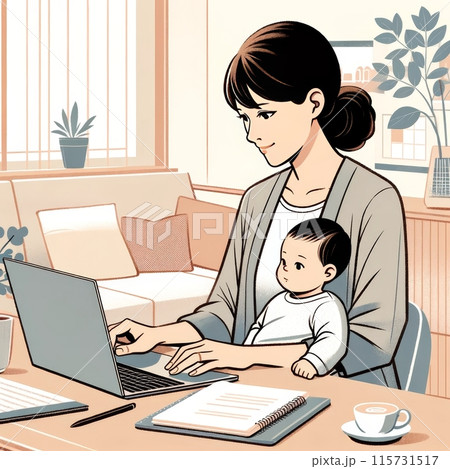 Woman multitasking at home, working on a laptop while holding a baby. The scene depicts a cozy home office setup with a notebook and a coffee cup on the desk. 115731517
