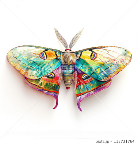 A beautiful and magical color moth with spots on its wings. The moth is sitting on a white background.  115731764