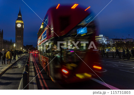 Motion Blurred Red Bus and Big Ben on Westminster Bridge at Night, London, England 115731803