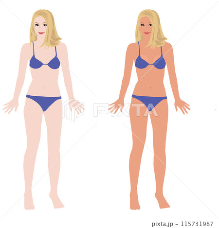 水着でポーズする若い女性のマネキンの日焼け前と後のイラストセット-ビキニ02 115731987