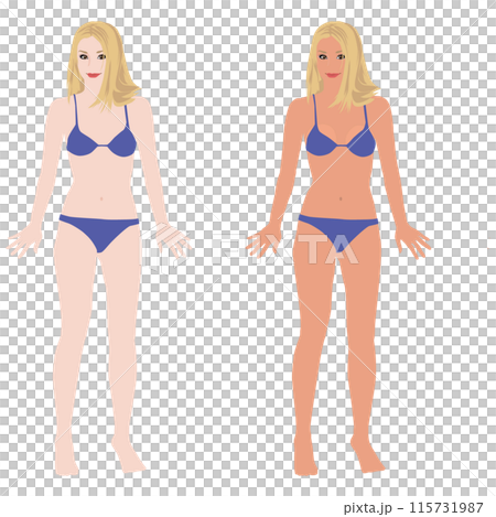 水着でポーズする若い女性のマネキンの日焼け前と後のイラストセット-ビキニ02 115731987