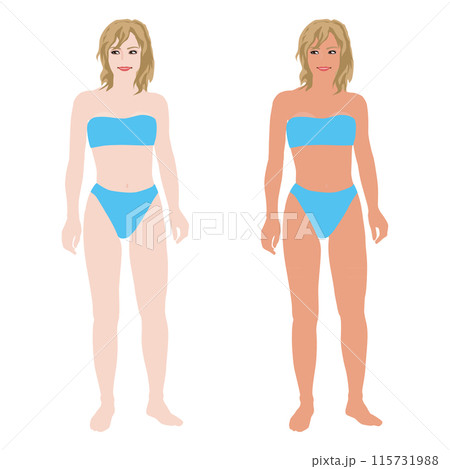 水着でポーズする若い女性のマネキンの日焼け前と後のイラストセット-ビキニ01 115731988