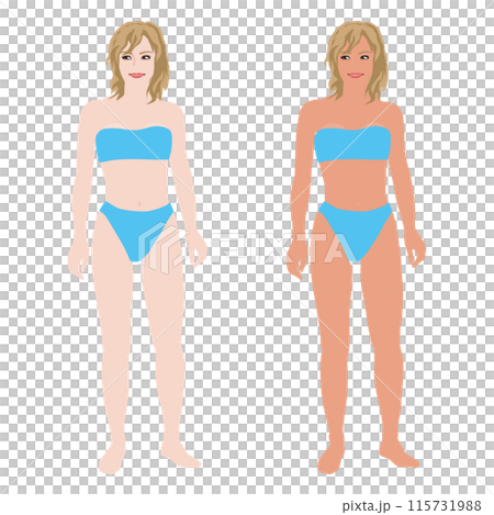 水着でポーズする若い女性のマネキンの日焼け前と後のイラストセット-ビキニ01 115731988