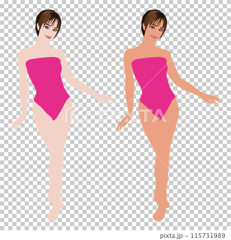 Illustration set of a young female mannequin posing in a swimsuit before and after tanning - One Piece 02 Illustration set of a young female mannequin posing in a swimsuit before and after tanning - One Piece 02 115731989
