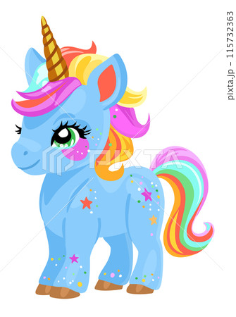 Cute little blue unicorn with bright hair and tail. Vector isolated illustration Cute little blue unicorn with bright hair and tail. Vector isolated illustration 115732363