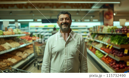 Successful Entrepreneur Smiling in Sunlit Supermarket 115732490