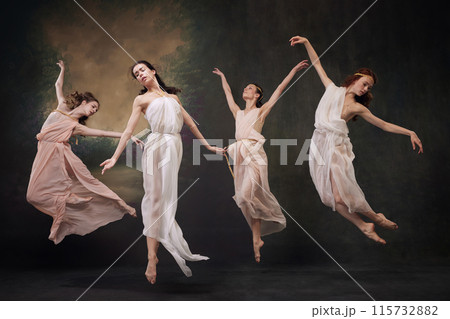 Beautiful girls, ballerinas leaping gracefully in motion, as mythological muses against vintage studio background. Beautiful girls, ballerinas leaping gracefully in motion, as mythological muses against vintage studio background. 115732882
