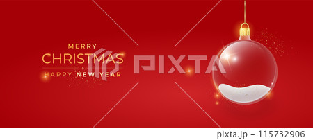 Christmas background. Xmas ornaments. Christmas tree decorations transparent ball hanging on golden ribbon, gold glitter confetti. Vector 115732906
