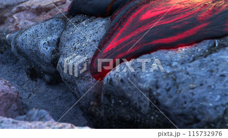Glowing Molten Lava on Rugged Rock Surface 115732976
