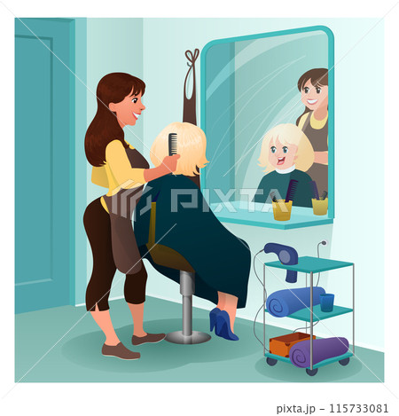 Professional hairdresser cartoon illustration. Beauty salon interior flat graphic 115733081