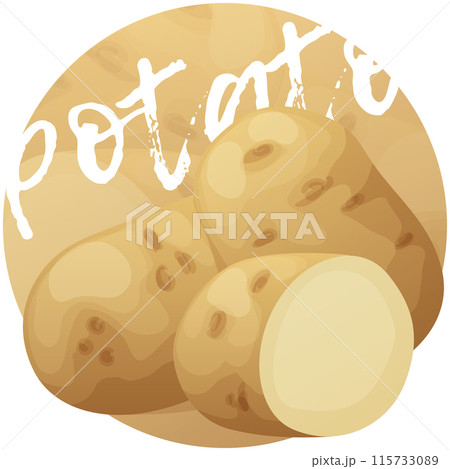Whole and half potato vegetable. Cartoon icon on beige gradient Whole and half potato vegetable. Cartoon icon on beige gradient 115733089