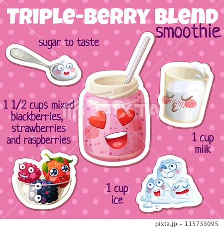 Triple berry smoothie recipe illustration with funny characters Triple berry smoothie recipe illustration with funny characters 115733095