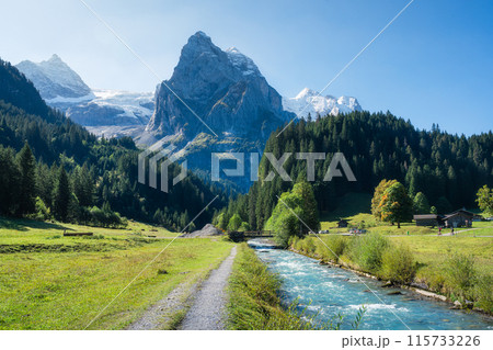 Rosenlaui with wellhorn swiss alps and Reichenbach river in summer at Switzerland Rosenlaui with wellhorn swiss alps and Reichenbach river in summer at Switzerland 115733226