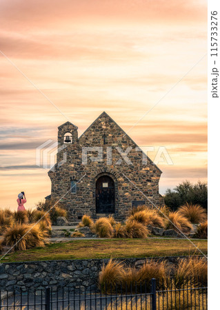 Church of the good shepherd with female tourist enjoying in the morning at Lake Tekapo, New Zealand Church of the good shepherd with female tourist enjoying in the morning at Lake Tekapo, New Zealand 115733276