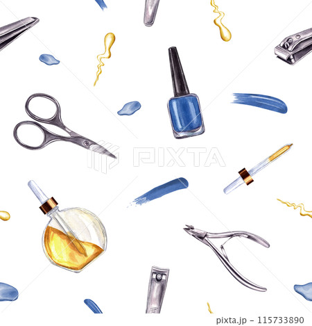 Seamless pattern featuring manicure and pedicure tools in blue and gold colors. Manicure Nail blue polish, trimmer, cuticle scissors, clippers. Glass Vial with cosmetic oil. Watercolor illustration Seamless pattern featuring manicure and pedicure tools in blue and gold colors. Manicure Nail blue polish, trimmer, cuticle scissors, clippers. Glass Vial with cosmetic oil. Watercolor illustration 115733890