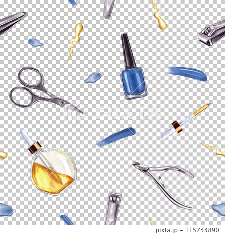 Seamless pattern featuring manicure and pedicure tools in blue and gold colors. Manicure Nail blue polish, trimmer, cuticle scissors, clippers. Glass Vial with cosmetic oil. Watercolor illustration Seamless pattern featuring manicure and pedicure tools in blue and gold colors. Manicure Nail blue polish, trimmer, cuticle scissors, clippers. Glass Vial with cosmetic oil. Watercolor illustration 115733890