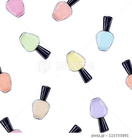 Nail polish Bottles in pastel colors. Seamless pattern of flying via. Nail cosmetic care. Manicure and pedicure accessories. Watercolor illustration for package, textile, salon decor 115733891
