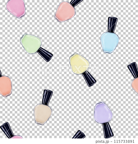 Nail polish Bottles in pastel colors. Seamless pattern of flying via. Nail cosmetic care. Manicure and pedicure accessories. Watercolor illustration for package, textile, salon decor 115733891