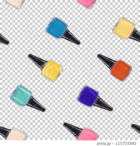 Nail polish Bottles arranged in a row diagonally. Bright colors. Streamline glass with black cap. Seamless pattern of manicure accessory. Nail care. Watercolor illustration for beauty salon design 115733892