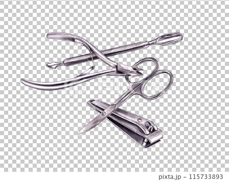 Manicure accessory group. Metal scissors, nail clipper, pusher and nipper. Isometric view. Steel glossy tools steel for nail treatment. Watercolor illustration. For beauty salon design. 115733893