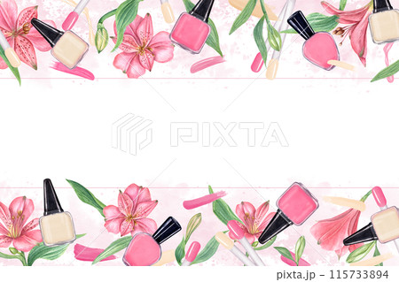 Nail polish bottle among tropical flowers. Horizontal frame with copy space. Composition in pink color and aquarelle splashes for beauty, manicure. Watercolor illustration for greeting, marketing Nail polish bottle among tropical flowers. Horizontal frame with copy space. Composition in pink color and aquarelle splashes for beauty, manicure. Watercolor illustration for greeting, marketing 115733894
