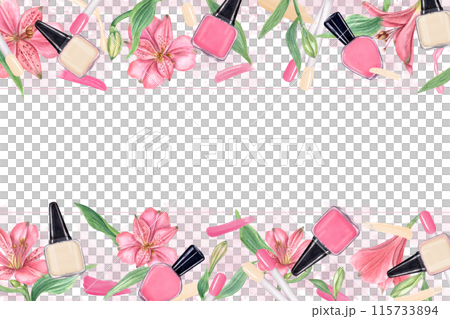 Nail polish bottle among tropical flowers. Horizontal frame with copy space. Composition in pink color and aquarelle splashes for beauty, manicure. Watercolor illustration for greeting, marketing Nail polish bottle among tropical flowers. Horizontal frame with copy space. Composition in pink color and aquarelle splashes for beauty, manicure. Watercolor illustration for greeting, marketing 115733894