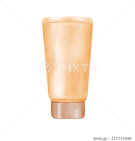 Plastic glossy tube with cup for cream, lotion, gel or shampoo. Moisturizer hand cream. Cosmetic care, treatment. Watercolor illustration. Package for beauty product. For label, package, design Plastic glossy tube with cup for cream, lotion, gel or shampoo. Moisturizer hand cream. Cosmetic care, treatment. Watercolor illustration. Package for beauty product. For label, package, design 115733896