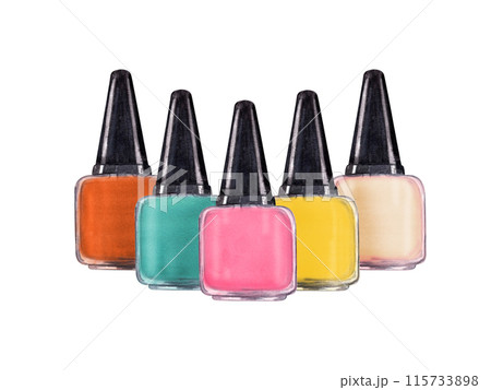 Nail polish bottles in vibrant bright colors. Multicolored manicure accessories standing next to each other. Streamline glossy glass with black cap. Nail care. Beauty cosmetic. Watercolor illustration 115733898