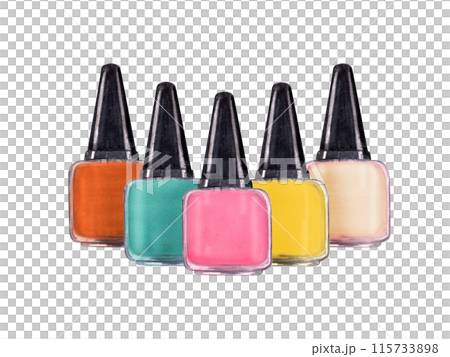 Nail polish bottles in vibrant bright colors. Multicolored manicure accessories standing next to each other. Streamline glossy glass with black cap. Nail care. Beauty cosmetic. Watercolor illustration 115733898
