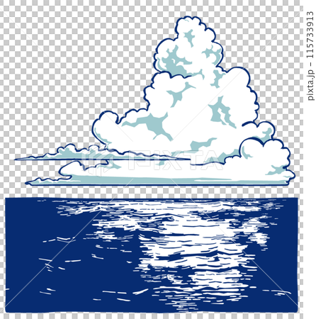 A cluster of cumulonimbus clouds floating on the ocean, brush-drawn and painted in two colors A cluster of cumulonimbus clouds floating on the ocean, brush-drawn and painted in two colors 115733913