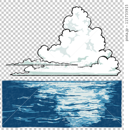 A mass of cumulonimbus cloud floating on the ocean, woodblock style A mass of cumulonimbus cloud floating on the ocean, woodblock style 115733915