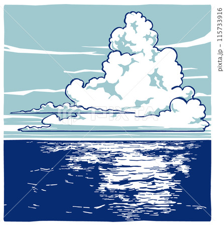 海原の夏空に湧く一塊の入道雲　筆描き・2色塗り 115733916