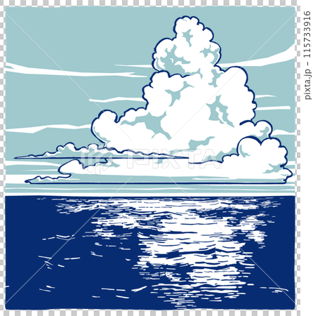 海原の夏空に湧く一塊の入道雲　筆描き・2色塗り 115733916