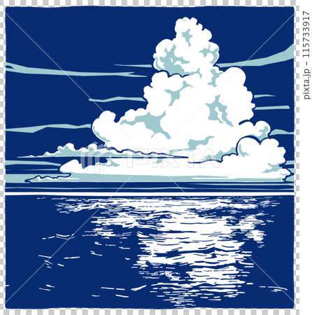 A cluster of cumulonimbus clouds rising in the deep blue summer sky over the ocean - brush drawing, two-tone painting A cluster of cumulonimbus clouds rising in the deep blue summer sky over the ocean - brush drawing, two-tone painting 115733917