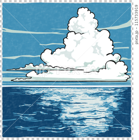 A cluster of cumulonimbus clouds rising in the summer sky over the ocean - woodblock print style A cluster of cumulonimbus clouds rising in the summer sky over the ocean - woodblock print style 115733919