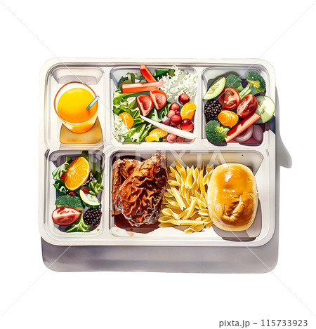 白背景に典型的な機内食の水彩イラスト 115733923