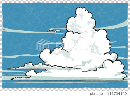 夏日天空中的一簇雷雲和兩隻白色海鳥在遠處飛翔，印刷風格 115734140
