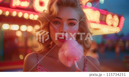 woman eating cotton candy woman eating cotton candy 115734251