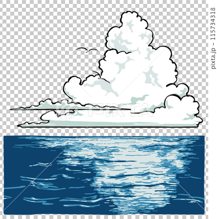 A mass of cumulonimbus cloud floating on the ocean and two white seabirds flying in the distance - brush drawing, matte painting A mass of cumulonimbus cloud floating on the ocean and two white seabirds flying in the distance - brush drawing, matte painting 115734318