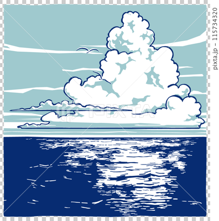 海原の夏空に湧く一塊の入道雲と遠くを飛ぶ二羽の白い海鳥　筆描き・2色塗り 115734320