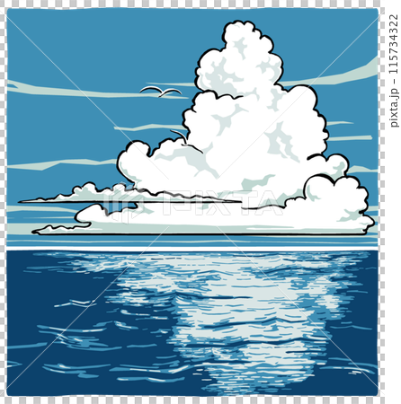 A cluster of cumulonimbus clouds in the summer sky over the ocean and two white seabirds flying in the distance. Brush-drawn and matte-finished A cluster of cumulonimbus clouds in the summer sky over the ocean and two white seabirds flying in the distance. Brush-drawn and matte-finished 115734322