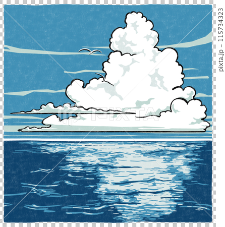 A cluster of cumulonimbus clouds in the summer sky over the ocean and two white seabirds flying in the distance - woodblock print style A cluster of cumulonimbus clouds in the summer sky over the ocean and two white seabirds flying in the distance - woodblock print style 115734323