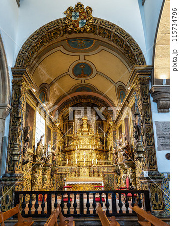 Interior of Faro Cathedral, Se Catedral in Faro, Algarve, Portugal. With walls finely decorated by azulejos tiles. Interior of Faro Cathedral, Se Catedral in Faro, Algarve, Portugal. With walls finely decorated by azulejos tiles. 115734796