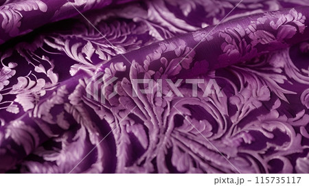 Close-up of purple brocade fabric, highlighting its rich and textured patterns, ideal for conveying a sense of opulence and grandeur. AI Generated 115735117