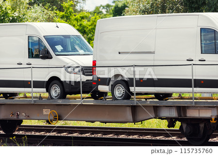 Mane new modern electric and fuel cars vans transportation by cargo freight train railway wagon. Railroad export and import automotive logistics service. Safety and insurance goods shipping industry 115735760