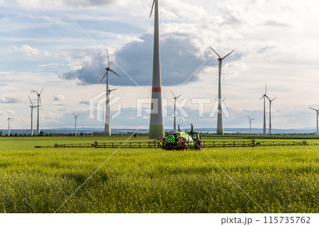 Scenic landscape view big modern tractor machine with sprayer equipment spraying fertilizer in rapeseed agricultural field against windfarm power windmill. Arable land cultivation sustainable energy 115735762