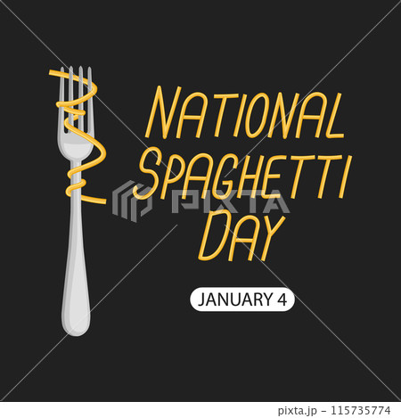 National Spaghetti Day. Spaghetti on a fork on a dark background. Banner, poster. Vector 115735774